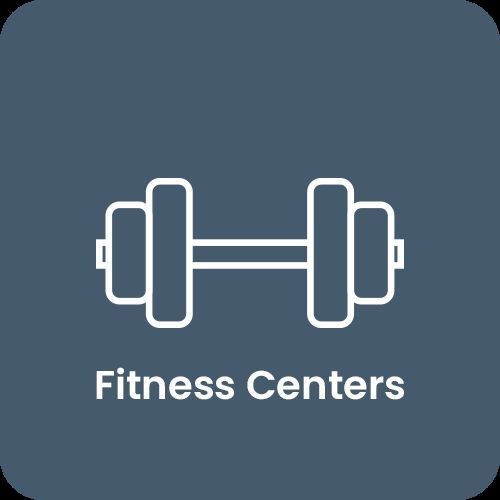 Icon of a dumbbell with the text 'Fitness Centers' on a blue background.