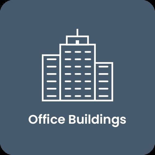 Icon of office buildings with text 'Office Buildings' below on a blue background.