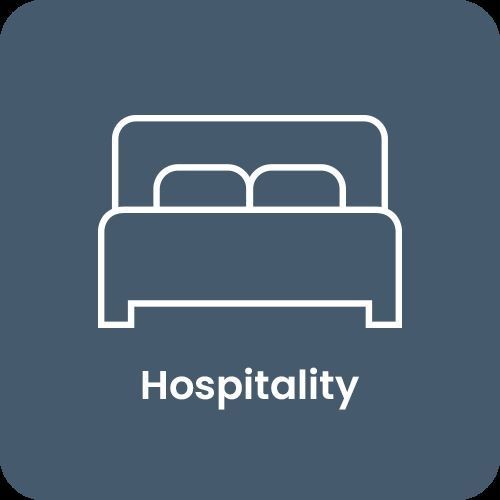 Icon of a bed with the word 'Hospitality' below on a blue background.