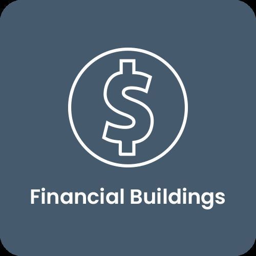 Icon with dollar sign and text 'Financial Buildings' on a blue background.