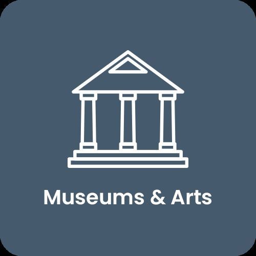 Icon of a classical building with pillars labeled 'Museums & Arts' on a blue background.