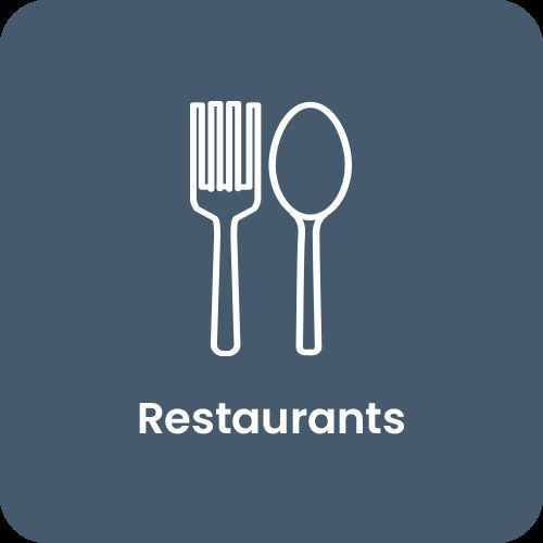 Icon of a fork and spoon above the text 'Restaurants' on a dark background.