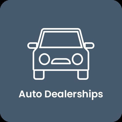 Icon of a car with text 'Auto Dealerships' on a dark background.