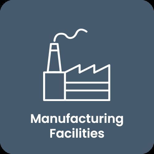 Icon of a factory with chimney and text 'Manufacturing Facilities' on a blue background.