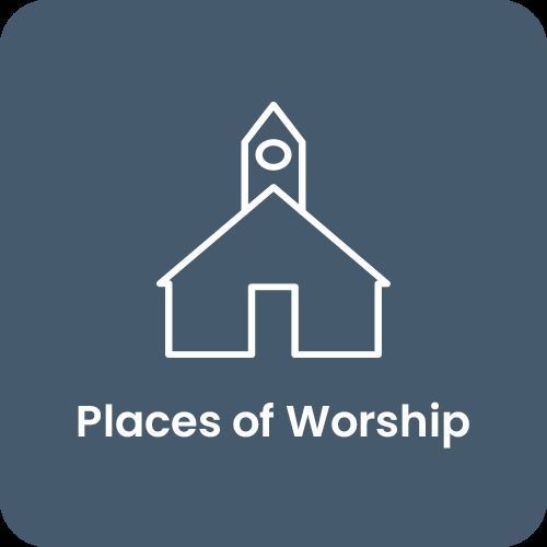 Icon of a church building with text 'Places of Worship' on a blue background.