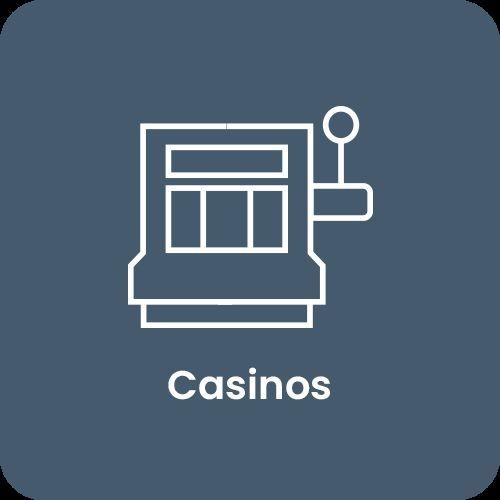 Icon of a slot machine with the word 'Casinos' underneath on a dark background.